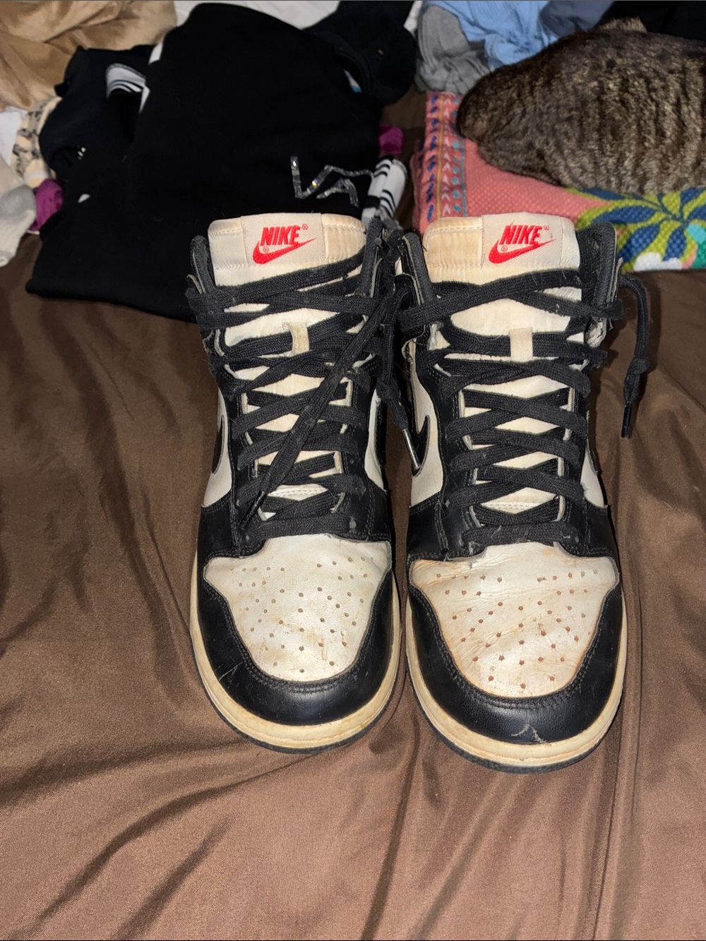 Nike Men’s Black and Cream High-Top Sneakers with Red Logo
